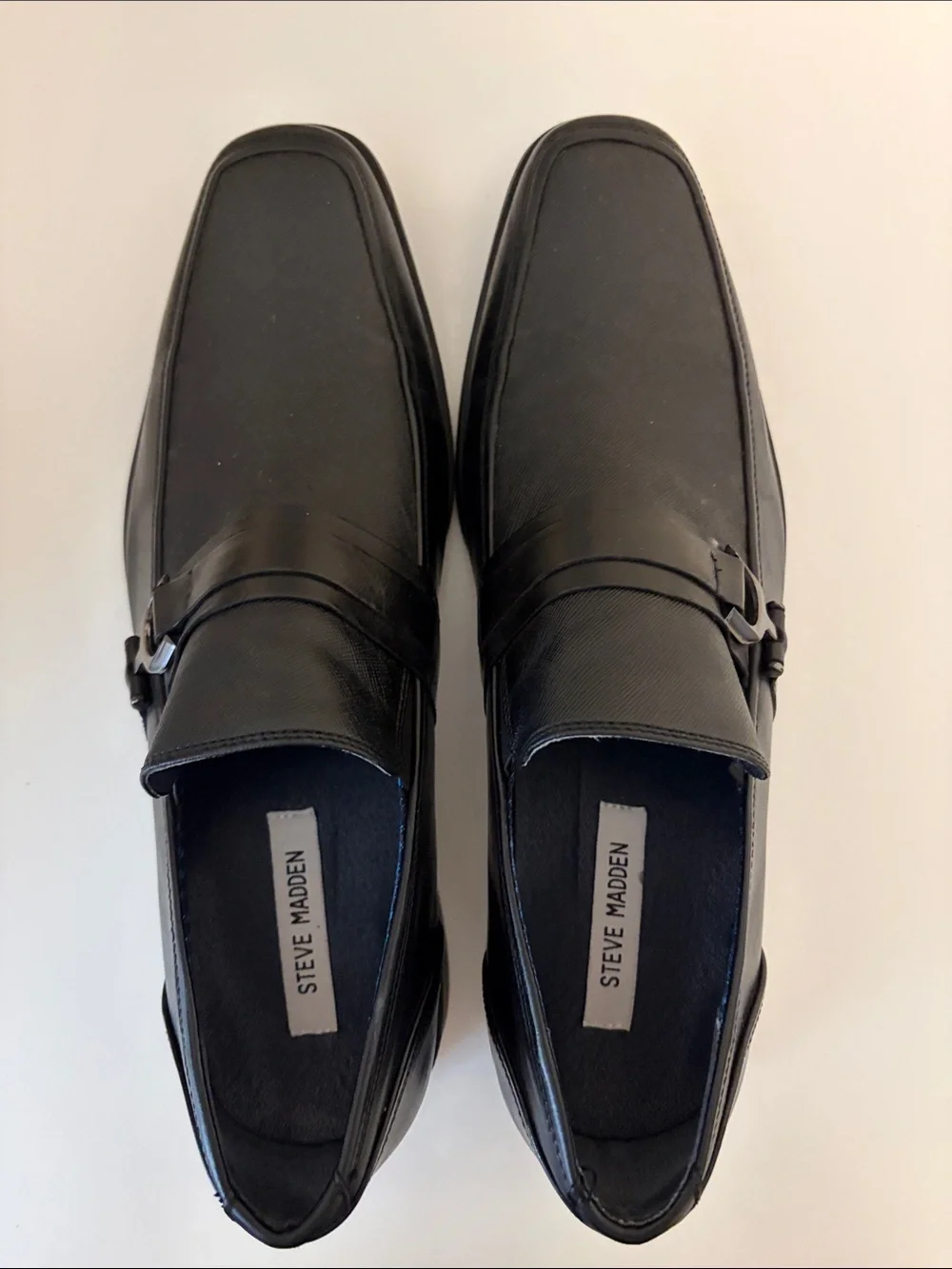 Steve Madden Black Leather Slip-On Loafers with Silver Buckle